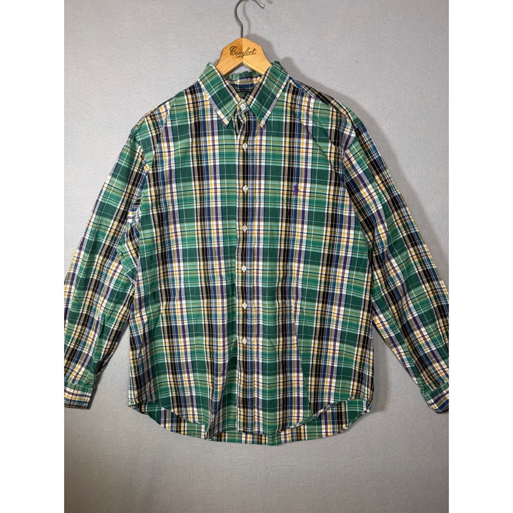 VTG Ralph Lauren Men L Classic Fit Plaid Button Down Shirt Green Preppy Pony 90s - Picture 2 of 8